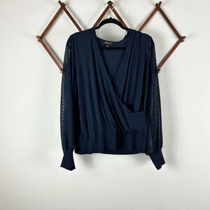 Ann Taylor Navy Wrap Blouse with Sheer Dot Sleeves
